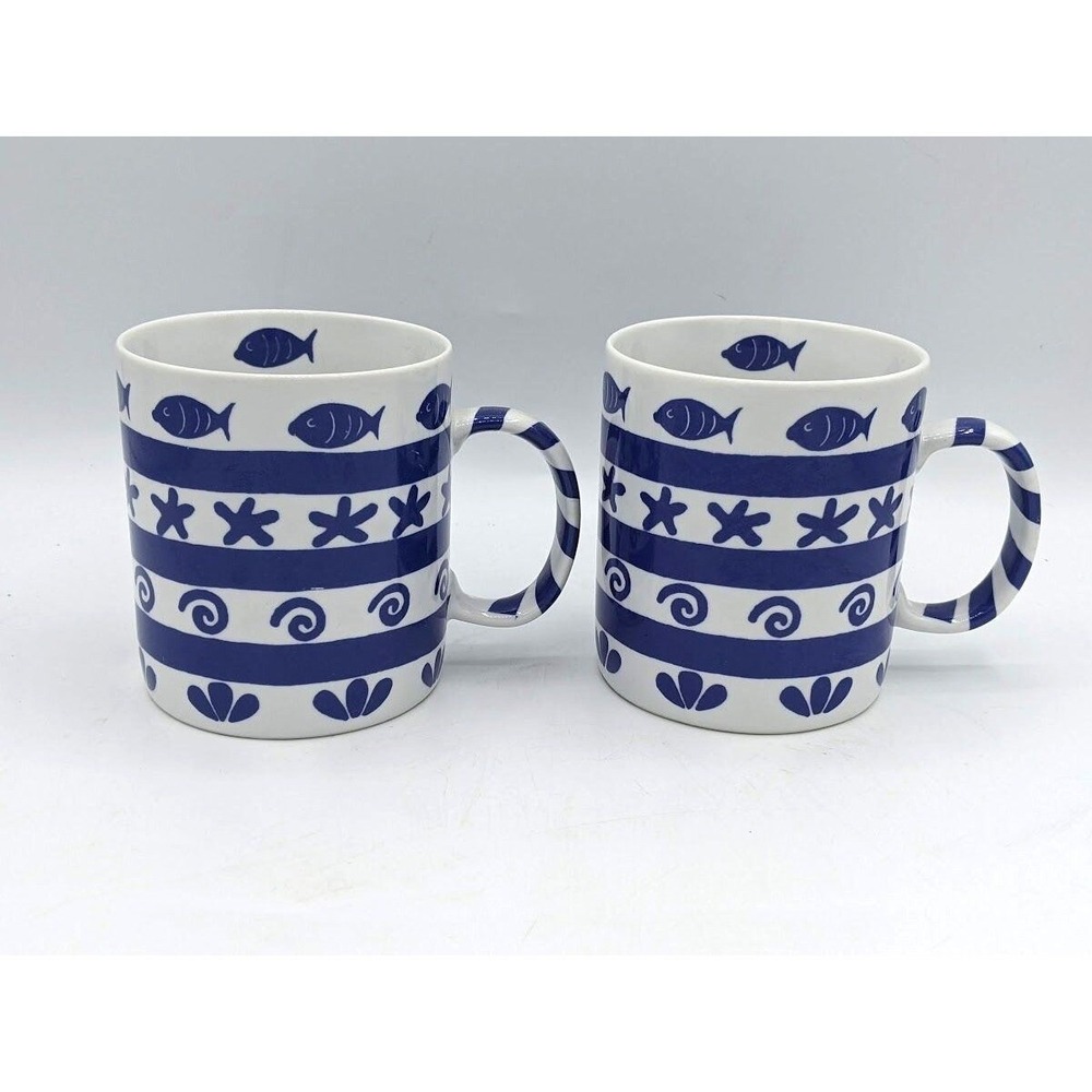 2 Set Crate & Barrel Coastal Fish 12oz Coffee Tea Mugs Blue White Nautical Beach